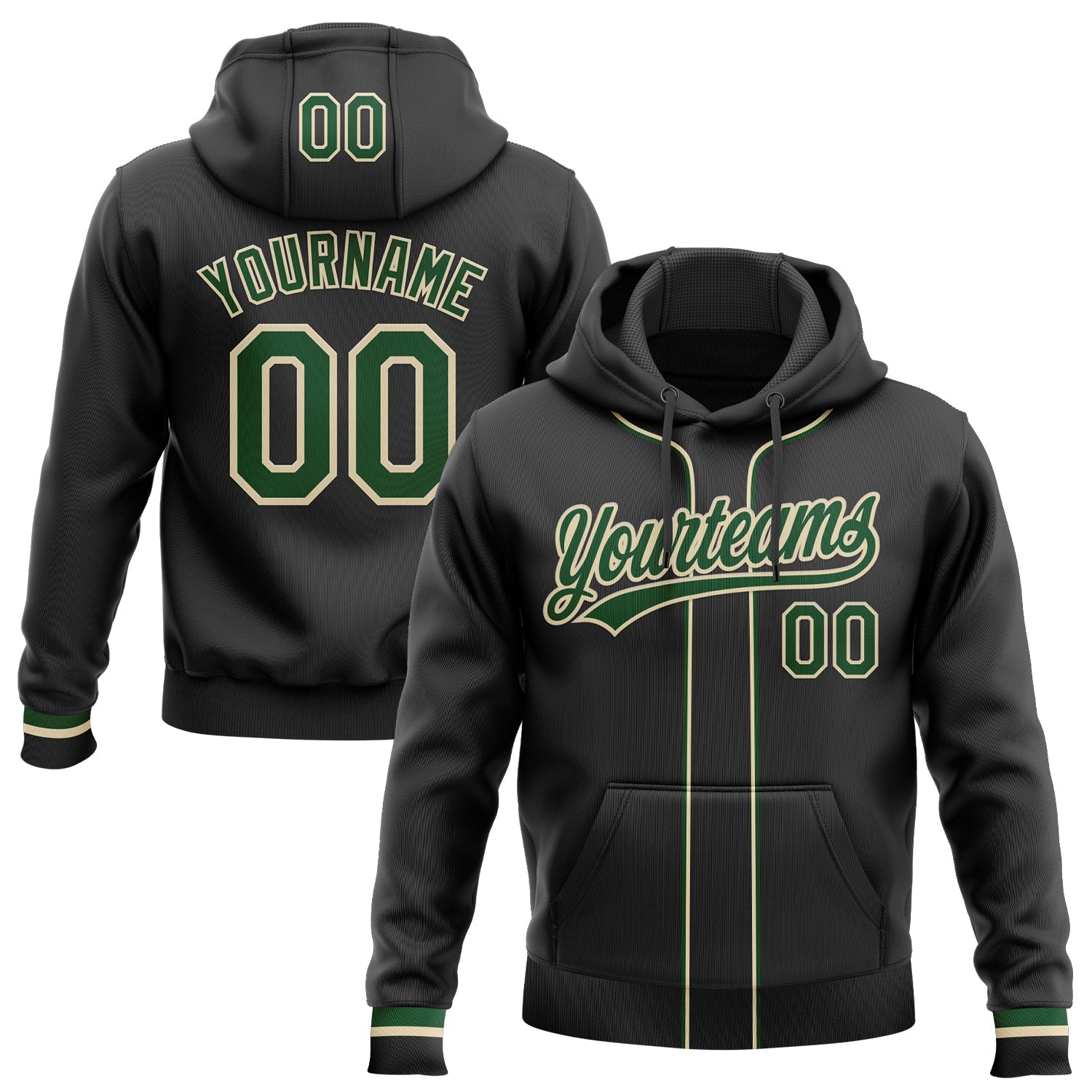 Custom Stitched Black Green-Cream Baseball Pullover Sweatshirt Hoodie - Main View