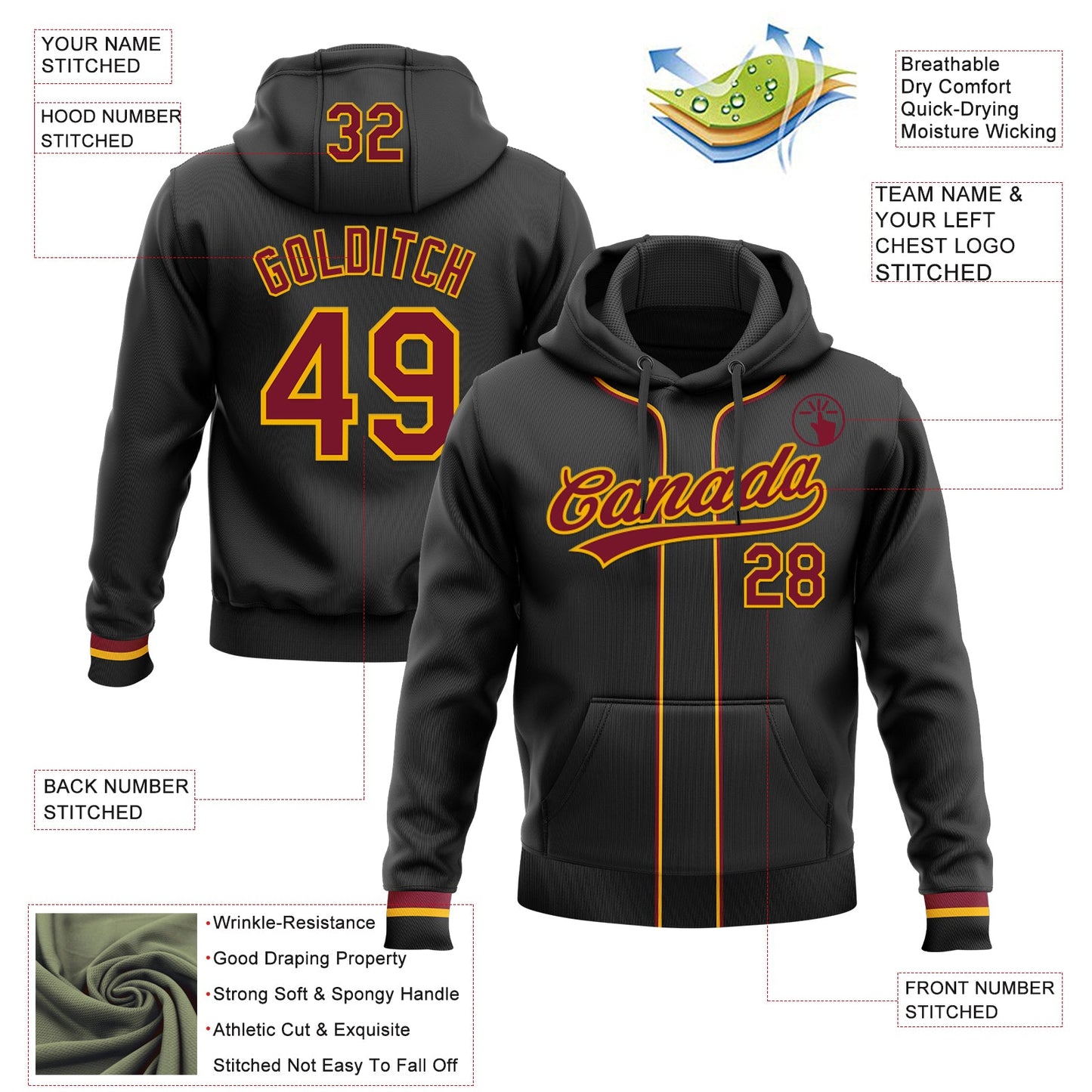 Custom Stitched Black Crimson-Gold Baseball Pullover Sweatshirt Hoodie view 2