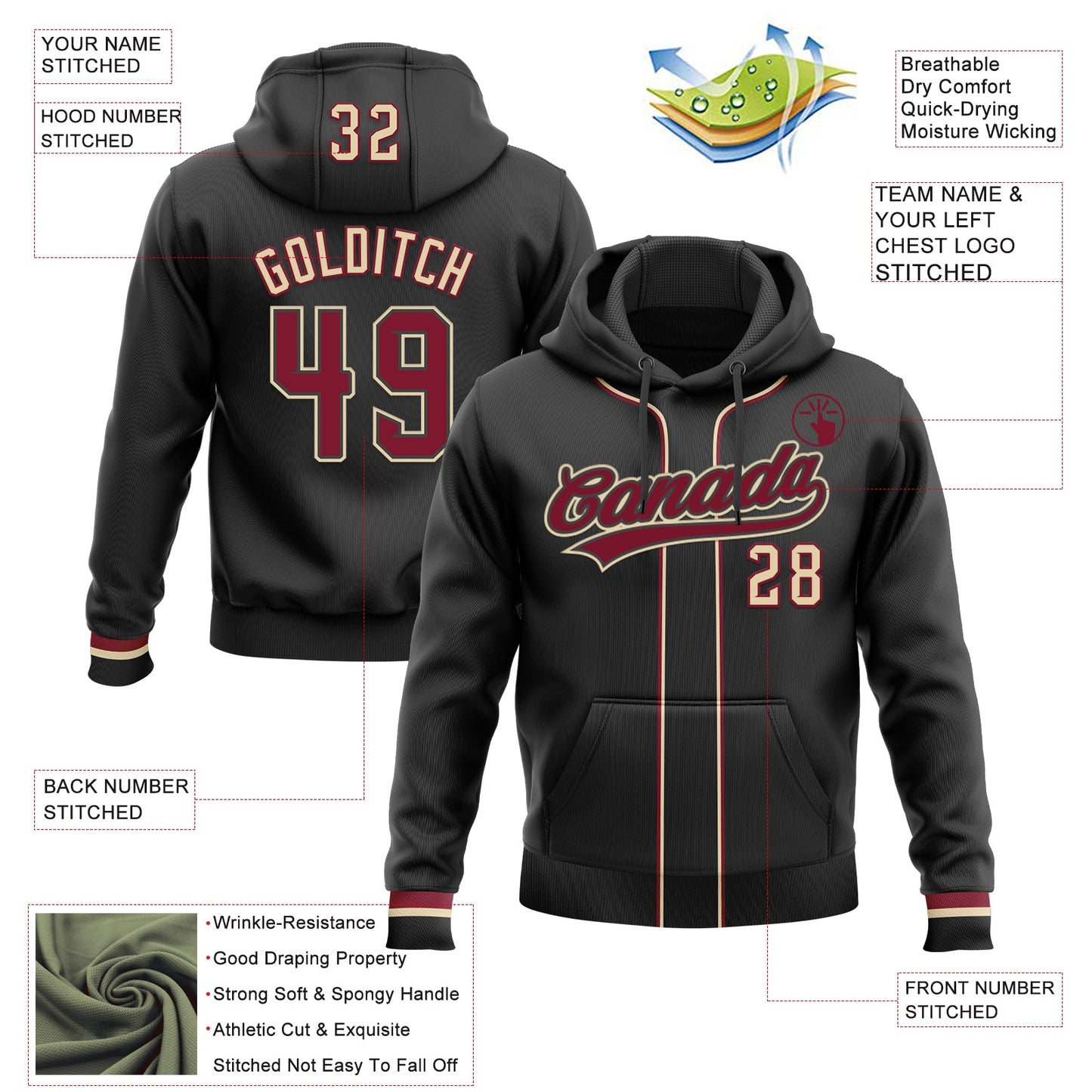 Custom Stitched Black Crimson-Cream Baseball Pullover Sweatshirt Hoodie view 2