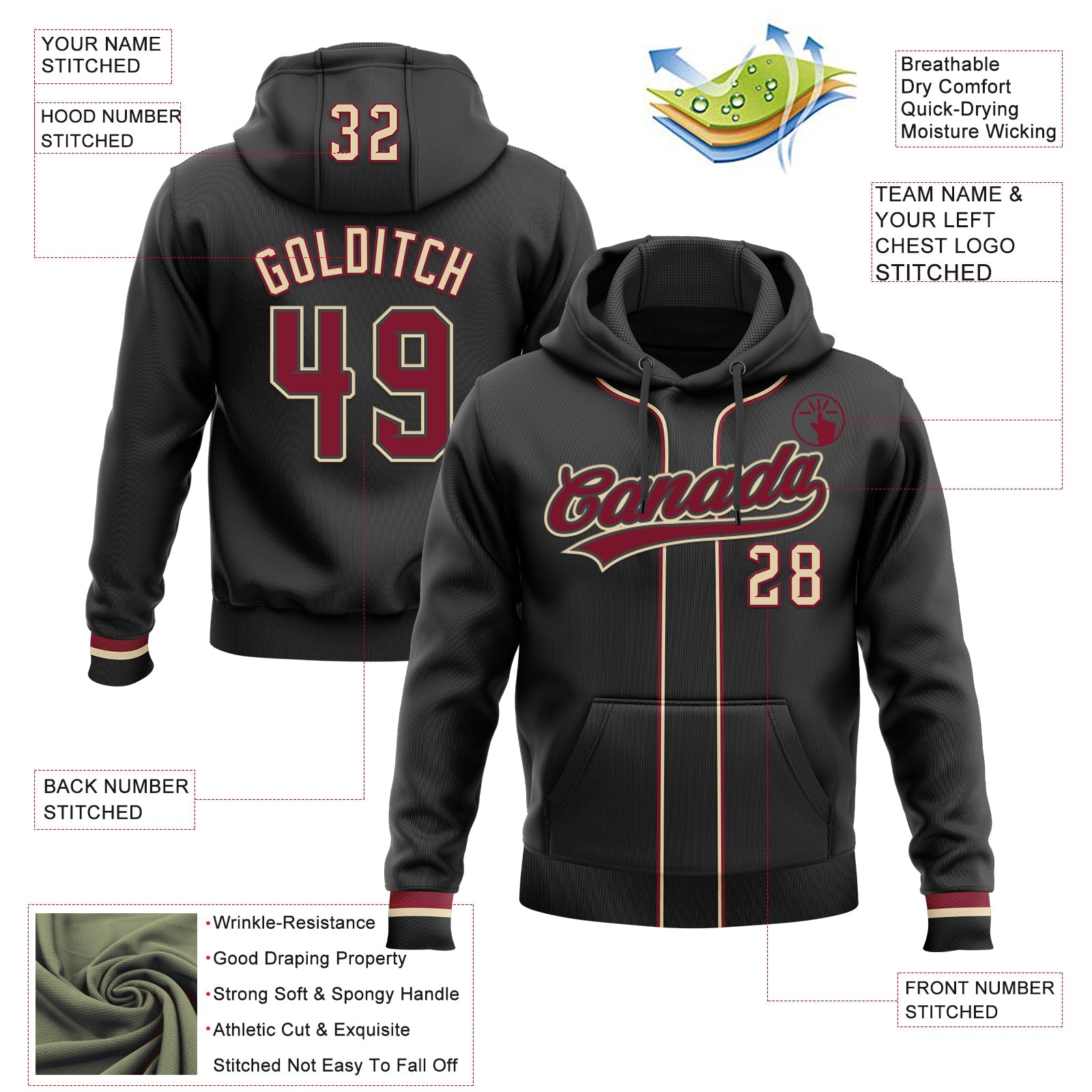 Custom Stitched Black Crimson-Cream Baseball Pullover Sweatshirt Hoodie view 2
