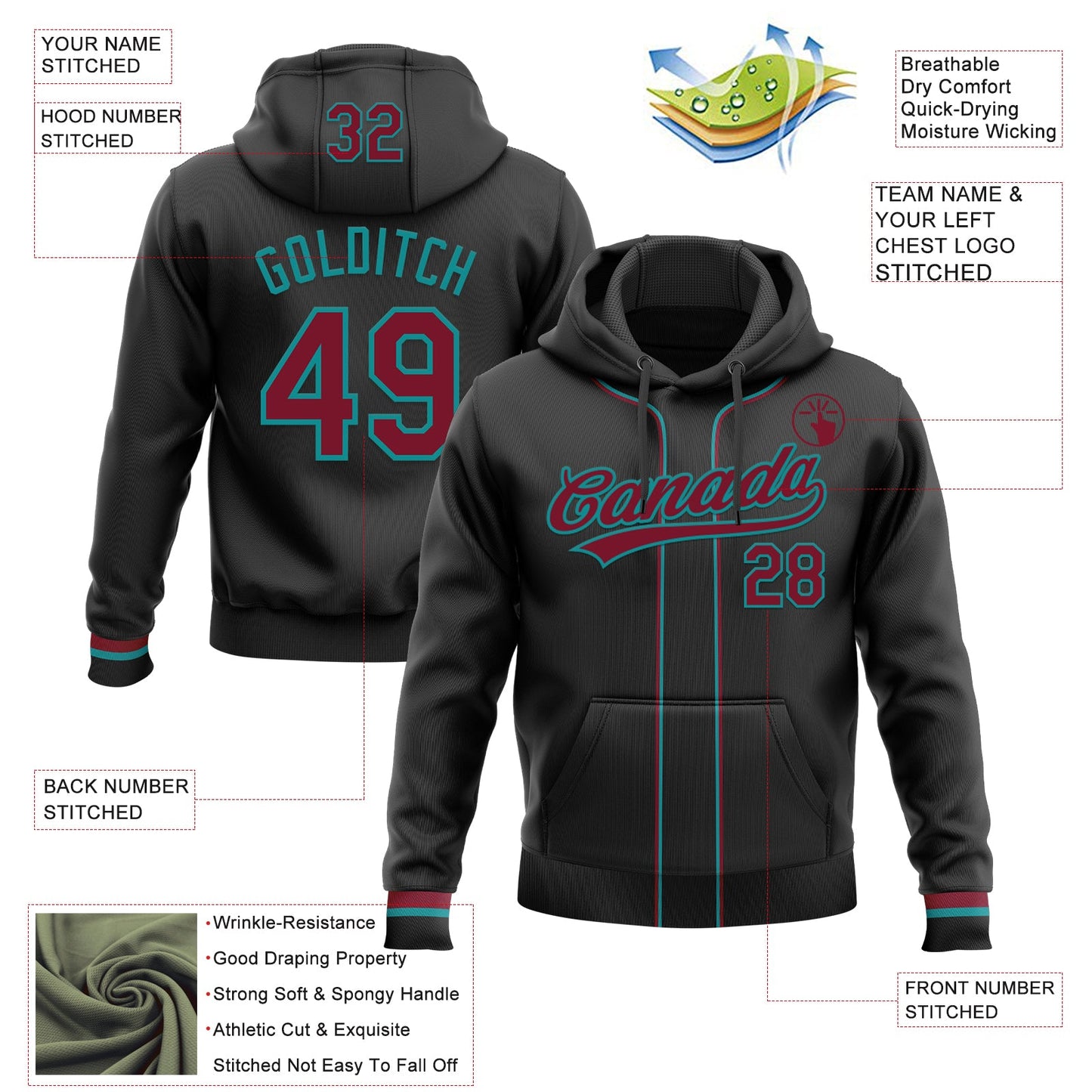 Custom Stitched Black Crimson-Teal Baseball Pullover Sweatshirt Hoodie view 2