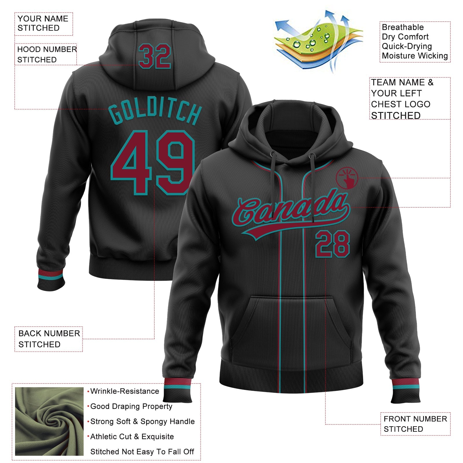 Custom Stitched Black Crimson-Teal Baseball Pullover Sweatshirt Hoodie view 2