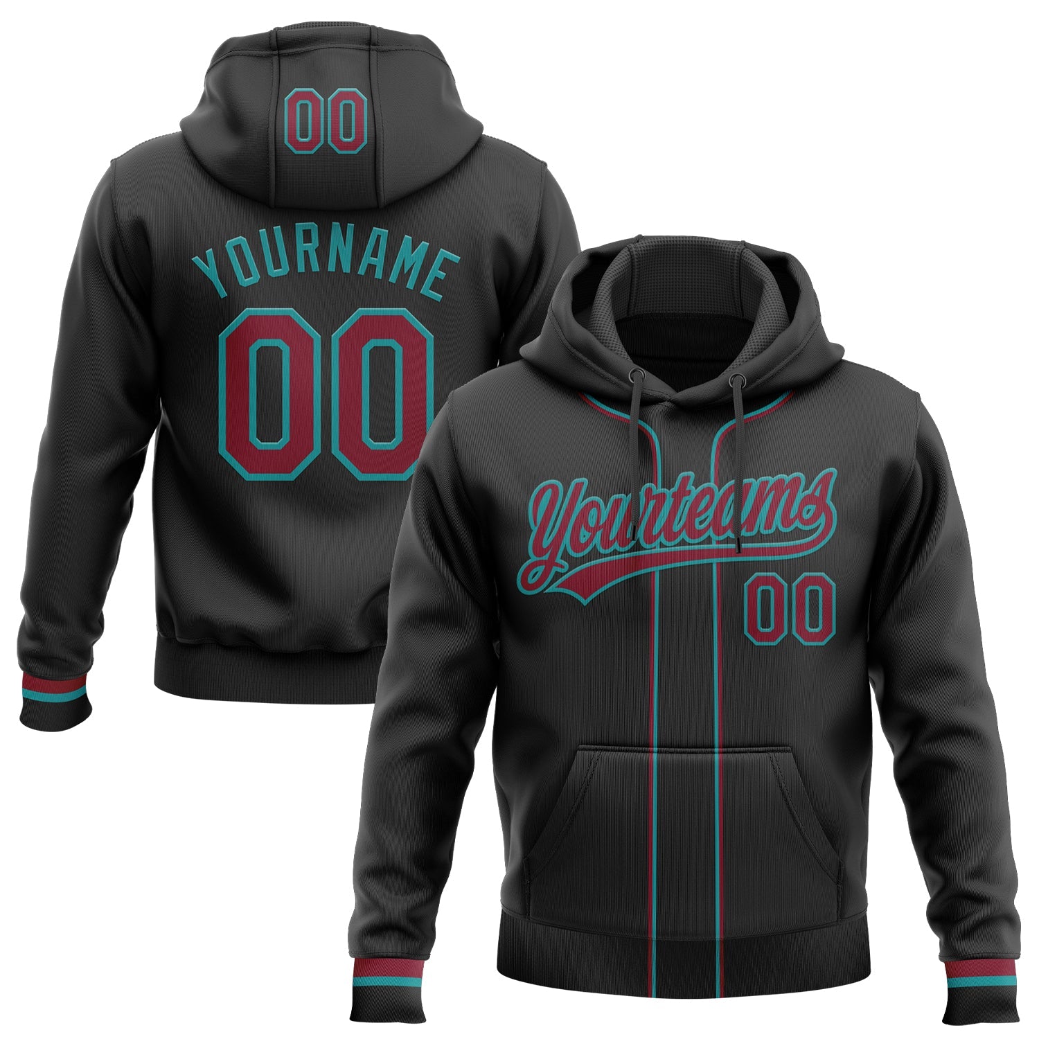 Custom Stitched Black Crimson-Teal Baseball Pullover Sweatshirt Hoodie - Main View