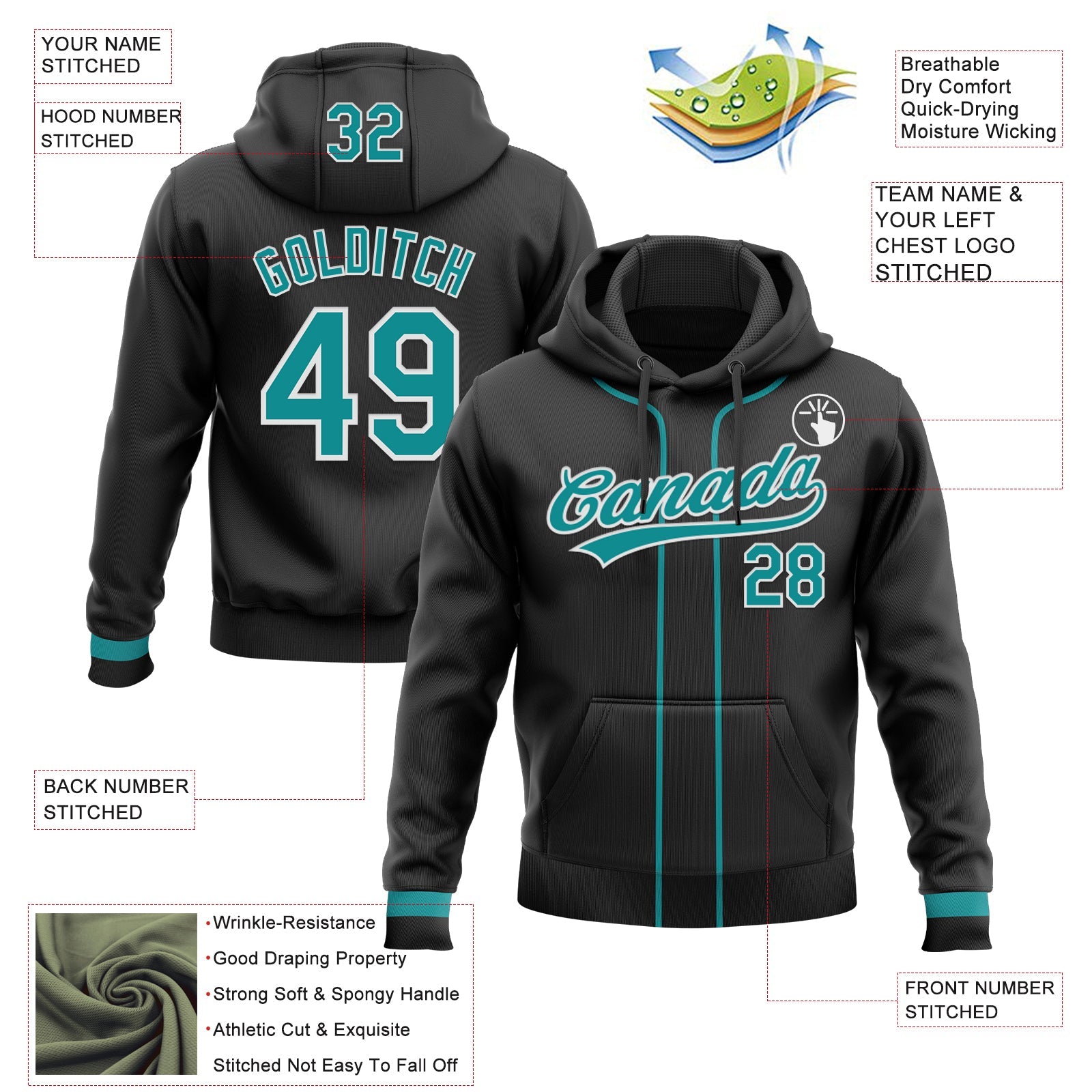 Custom Stitched Black Teal-White Baseball Pullover Sweatshirt Hoodie view 2
