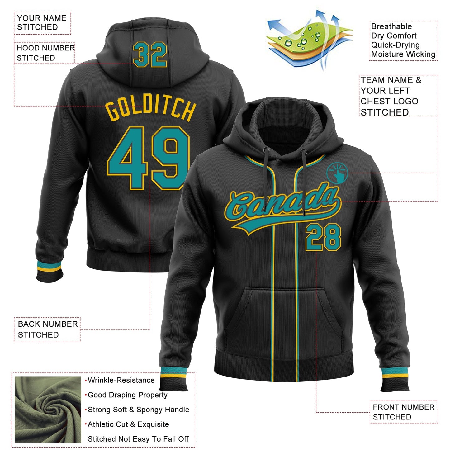 Custom Stitched Black Teal-Yellow Baseball Pullover Sweatshirt Hoodie view 2