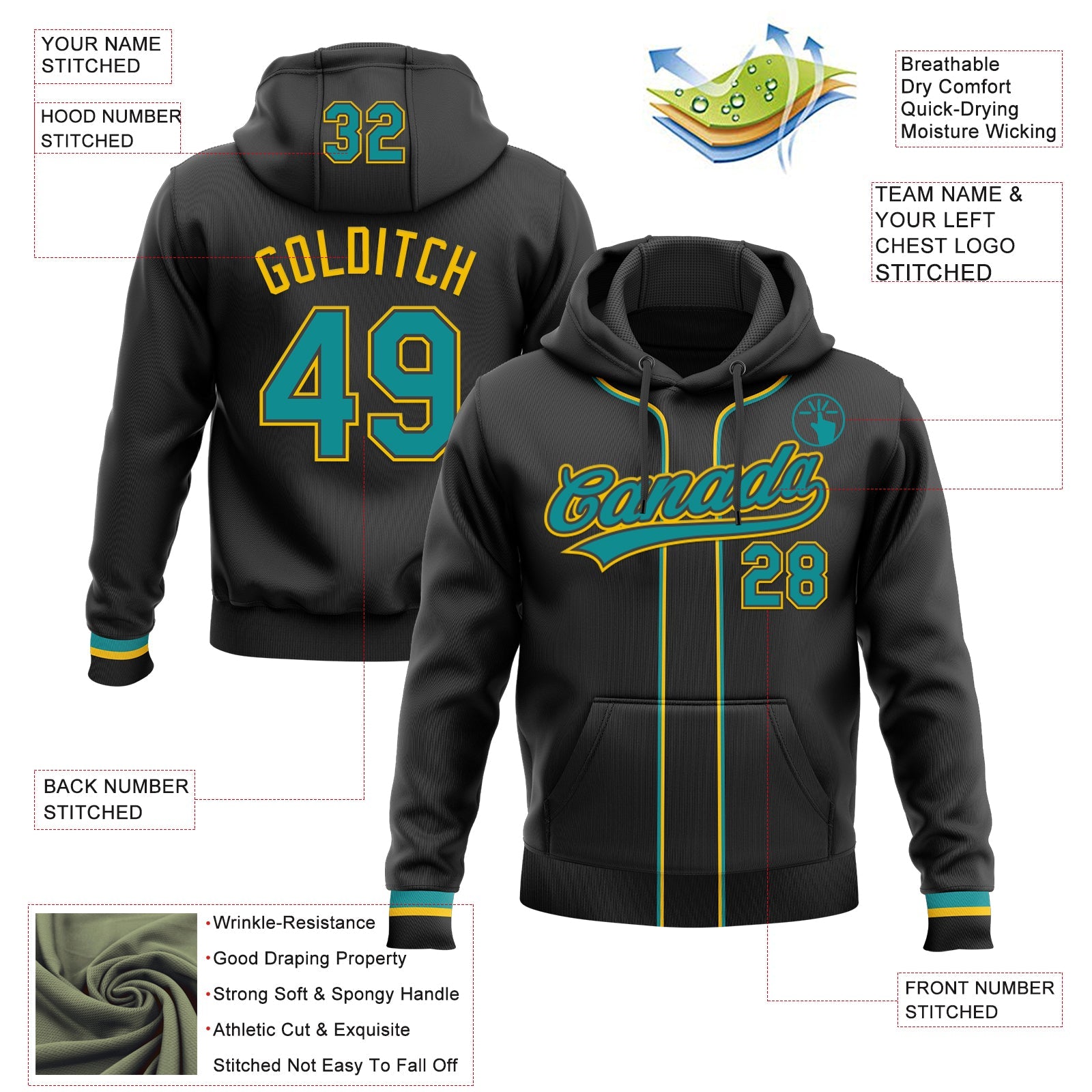 Custom Stitched Black Teal-Yellow Baseball Pullover Sweatshirt Hoodie view 2