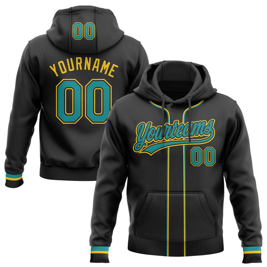 Custom Stitched Black Teal-Yellow Baseball Pullover Sweatshirt Hoodie - Main View