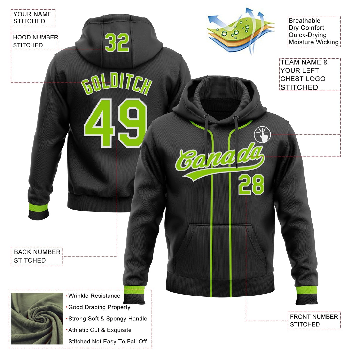 Custom Stitched Black Neon Green-White Baseball Pullover Sweatshirt Hoodie view 2