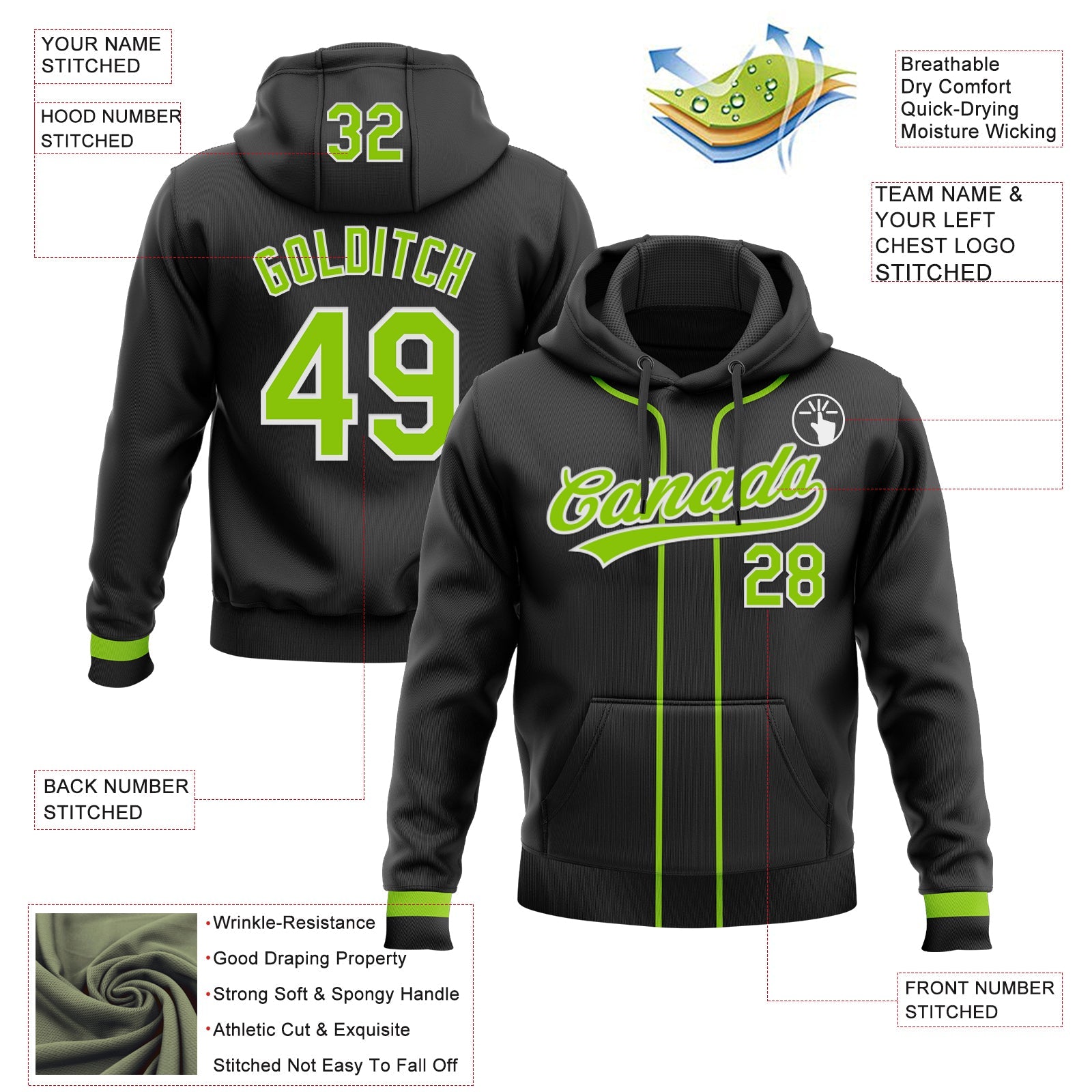 Custom Stitched Black Neon Green-White Baseball Pullover Sweatshirt Hoodie view 2