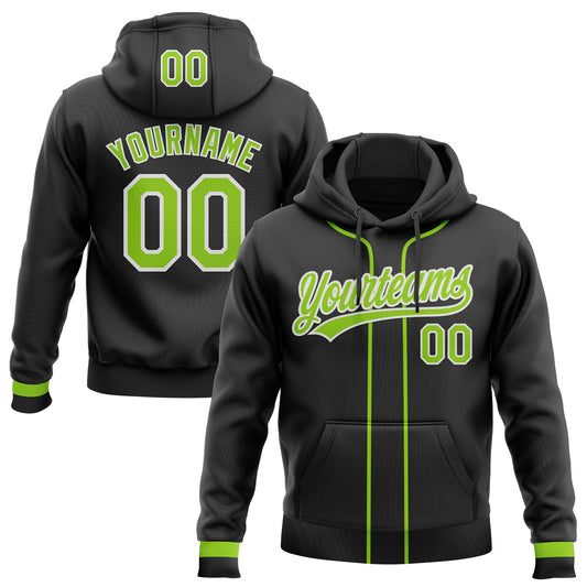 Custom Stitched Black Neon Green-White Baseball Pullover Sweatshirt Hoodie - Main View