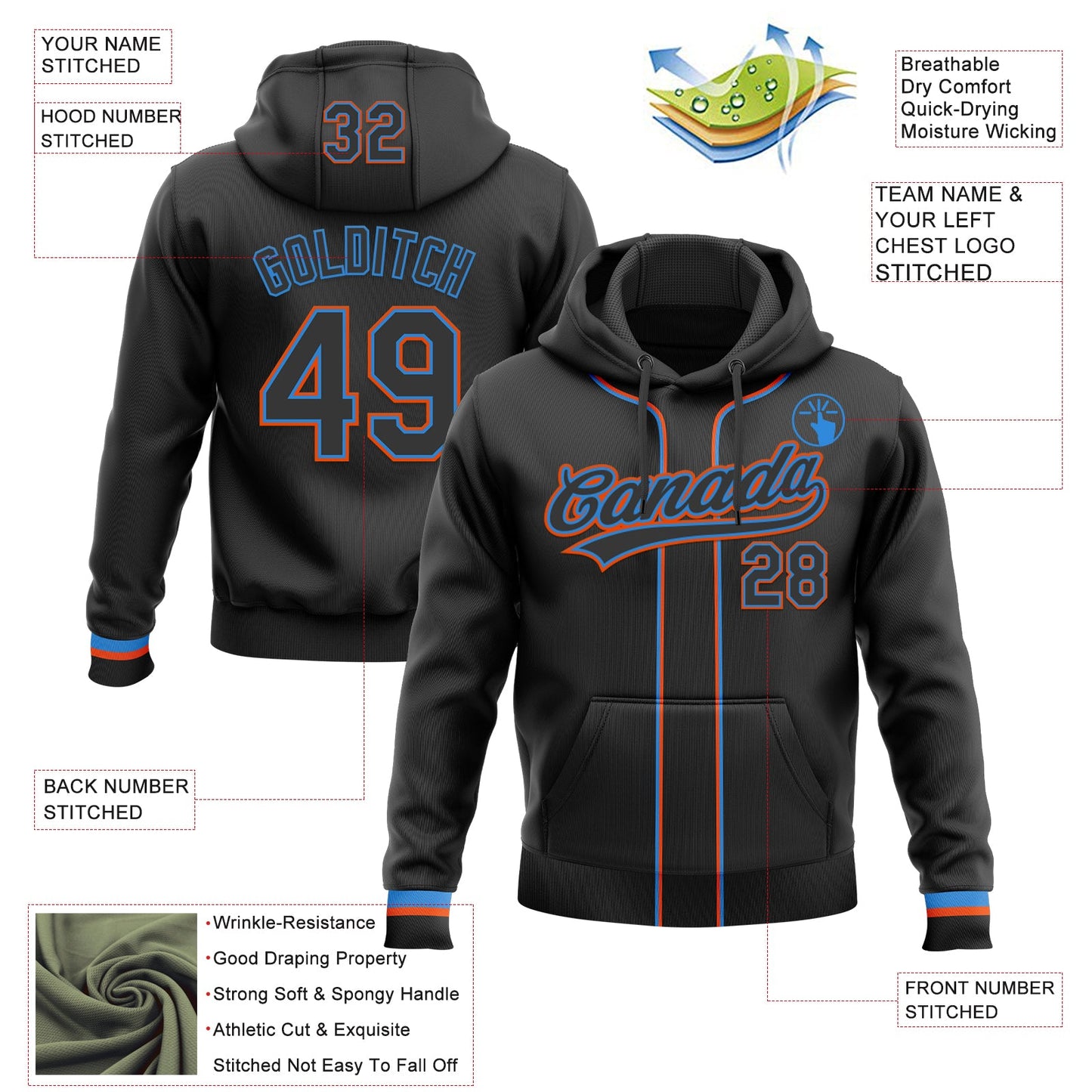 Custom Stitched Black Powder Blue-Orange Baseball Pullover Sweatshirt Hoodie view 2