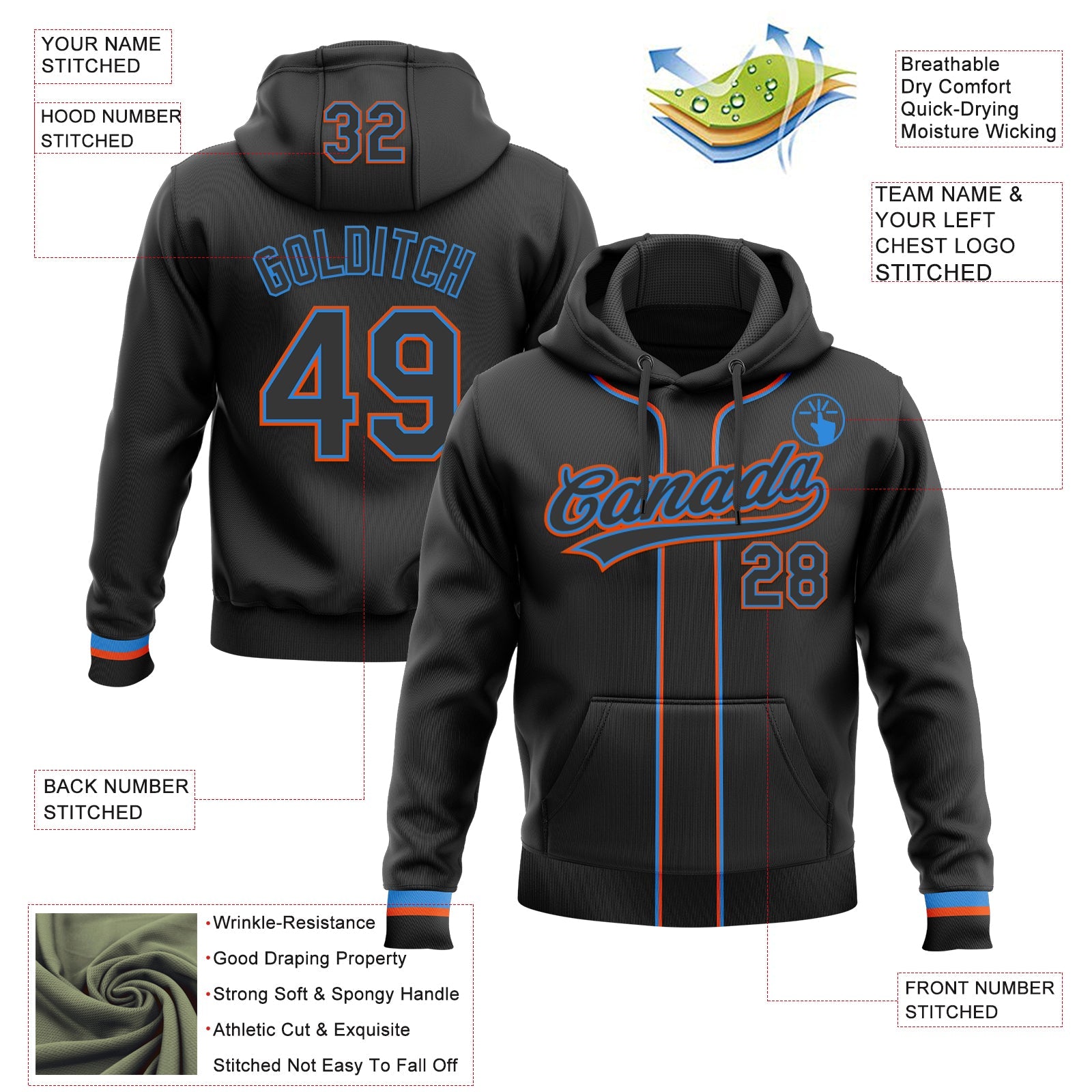 Custom Stitched Black Powder Blue-Orange Baseball Pullover Sweatshirt Hoodie view 2