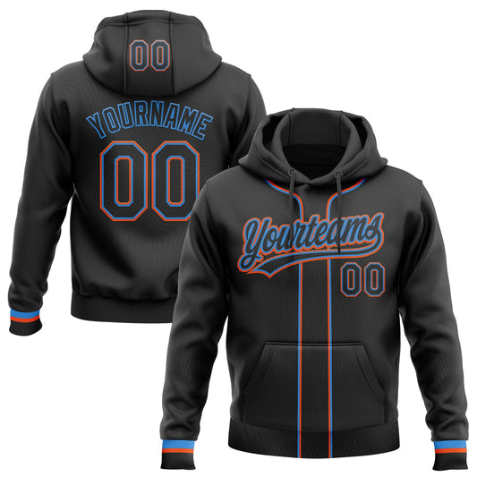 Custom Stitched Black Powder Blue-Orange Baseball Pullover Sweatshirt Hoodie - Main View