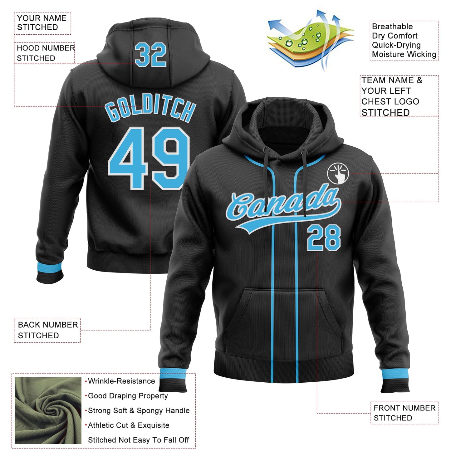 Custom Stitched Black Sky Blue-White Baseball Pullover Sweatshirt Hoodie view 2