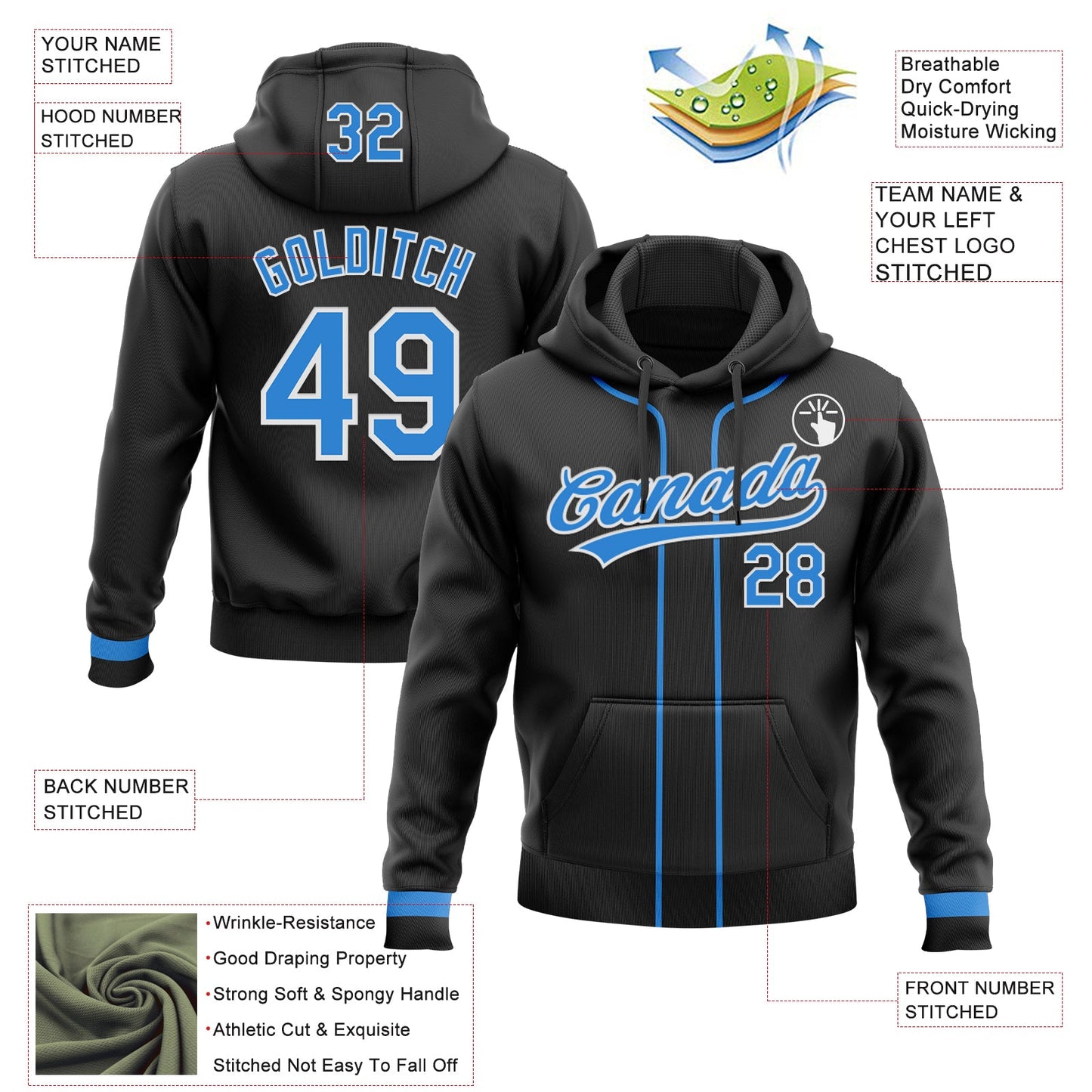 Custom Stitched Black Powder Blue-White Baseball Pullover Sweatshirt Hoodie view 2