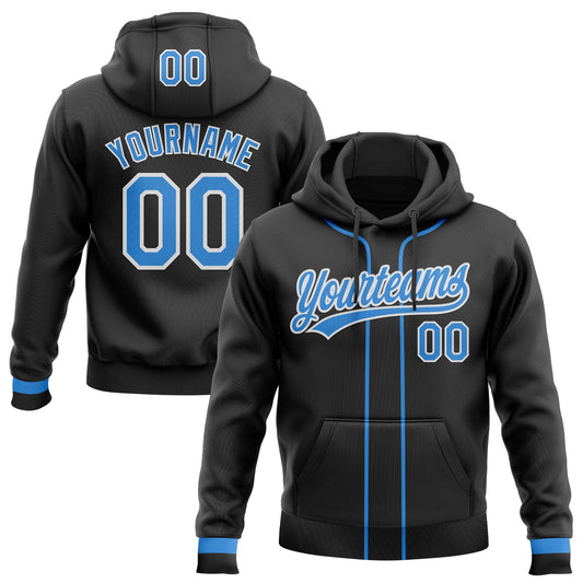 Custom Stitched Black Powder Blue-White Baseball Pullover Sweatshirt Hoodie - Main View