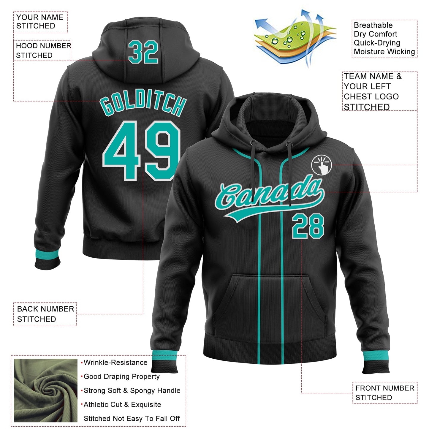 Custom Stitched Black Aqua-White Baseball Pullover Sweatshirt Hoodie view 2