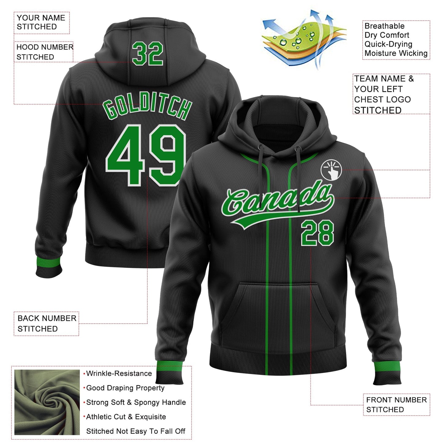 Custom Stitched Black Grass Green-White Baseball Pullover Sweatshirt Hoodie view 2