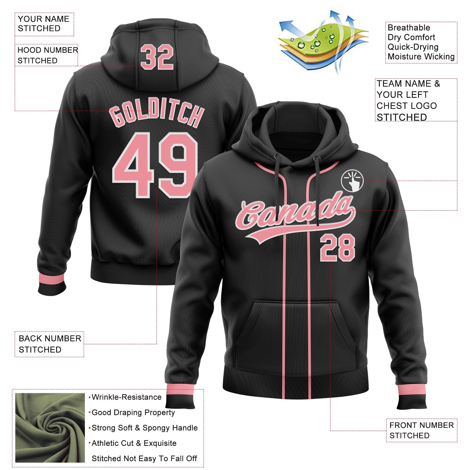 Custom Stitched Black Medium Pink-White Baseball Pullover Sweatshirt Hoodie view 2