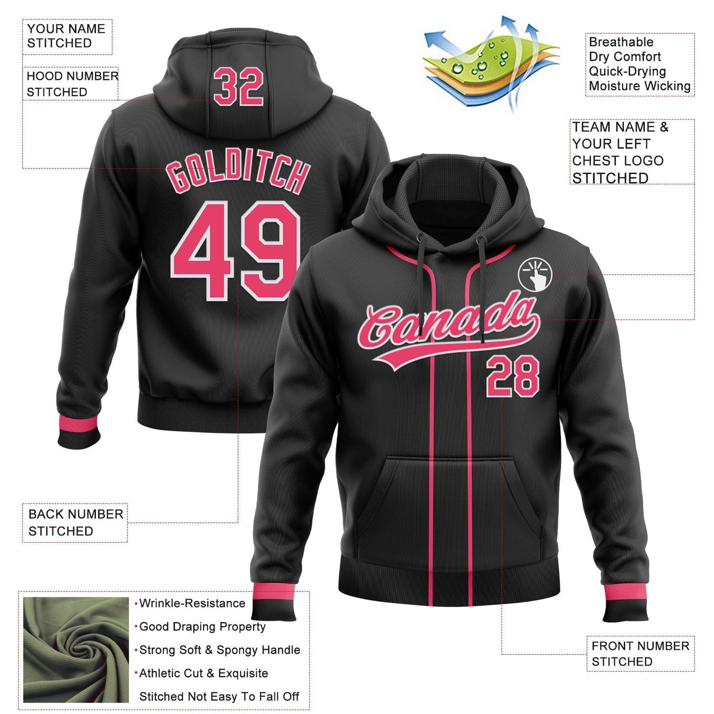 Custom Stitched Black Neon Pink-White Baseball Pullover Sweatshirt Hoodie view 2