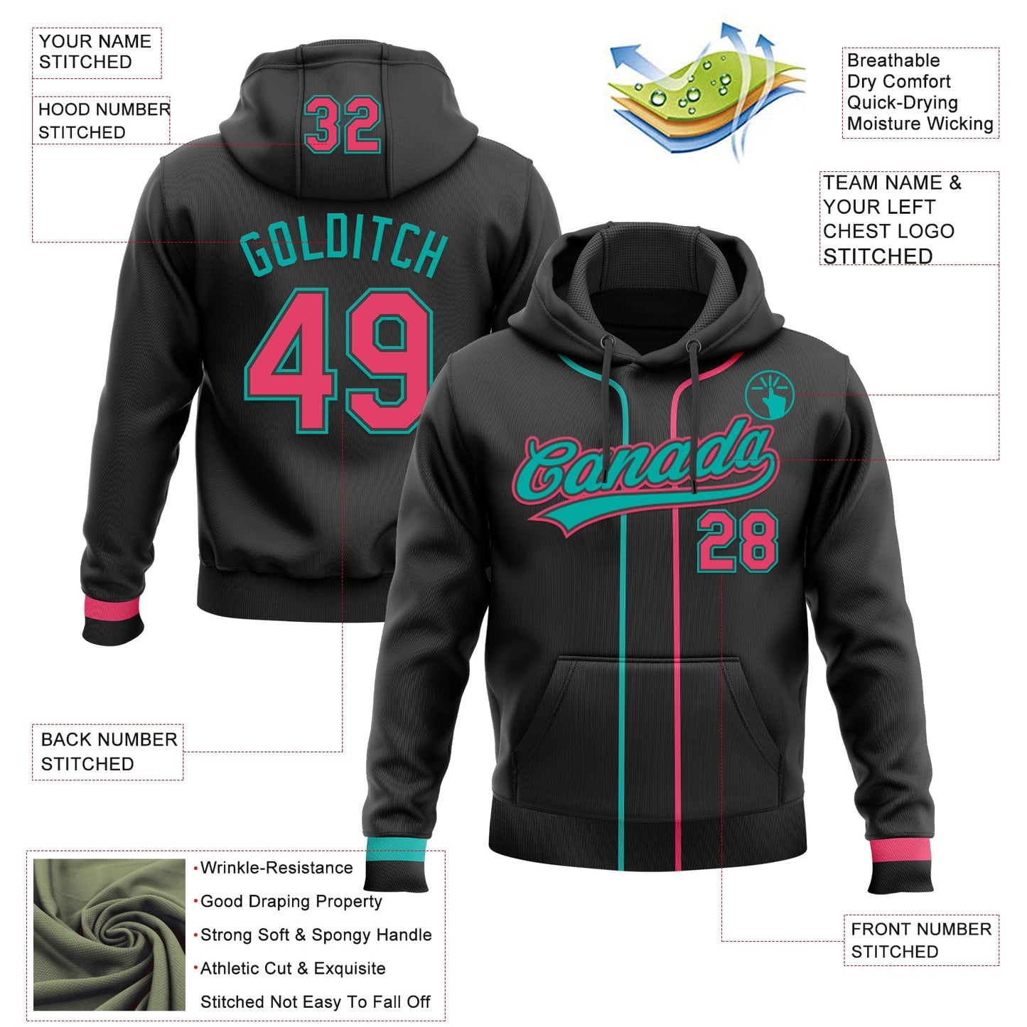 Custom Stitched Black Neon Pink-Aqua Baseball Pullover Sweatshirt Hoodie view 2