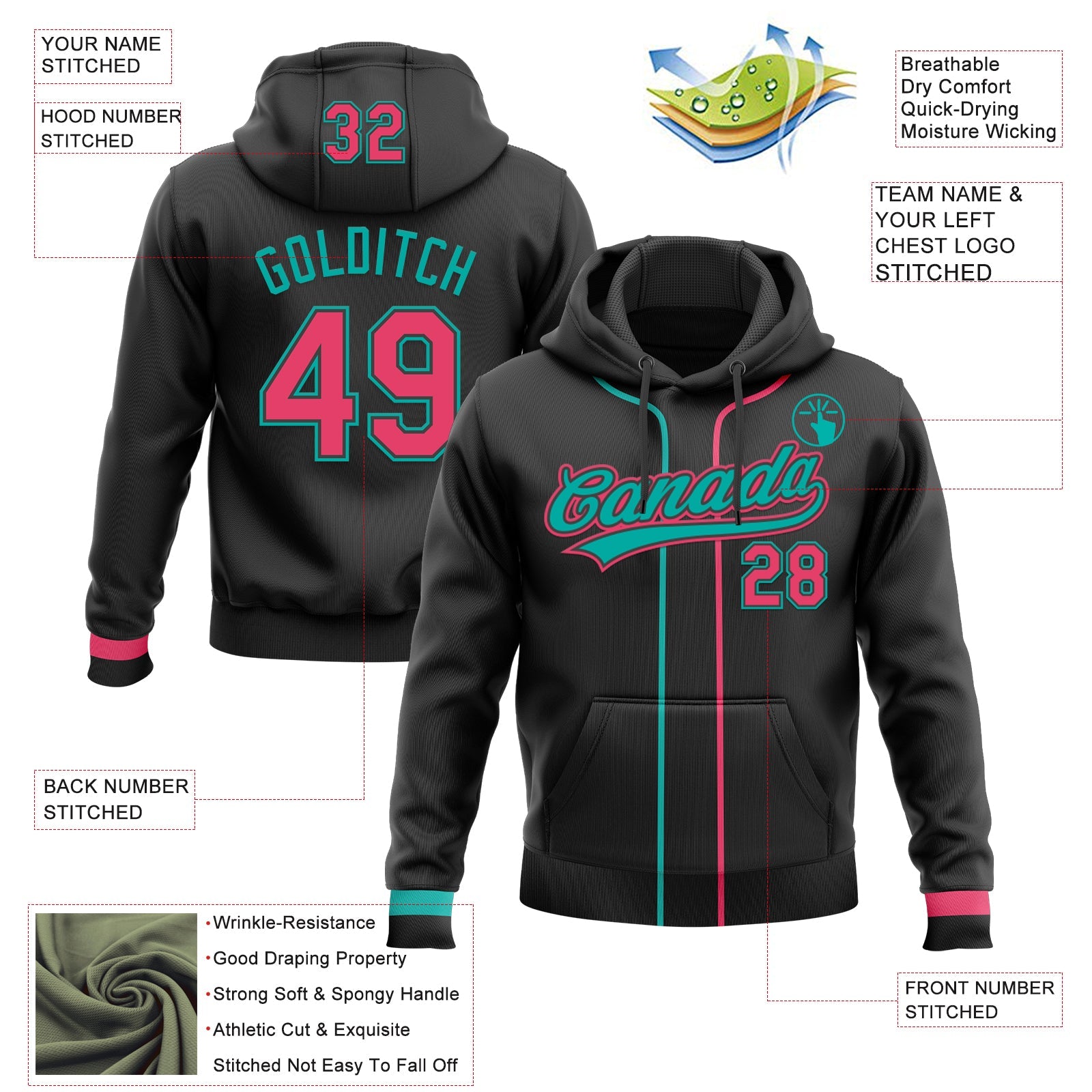 Custom Stitched Black Neon Pink-Aqua Baseball Pullover Sweatshirt Hoodie view 2