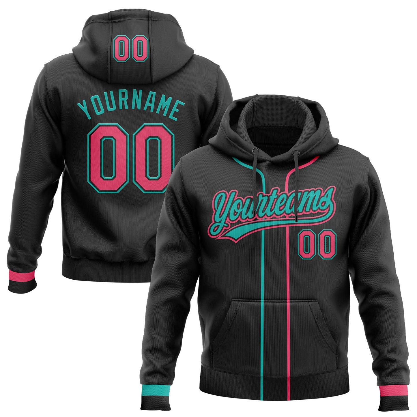 Custom Stitched Black Neon Pink-Aqua Baseball Pullover Sweatshirt Hoodie - Main View