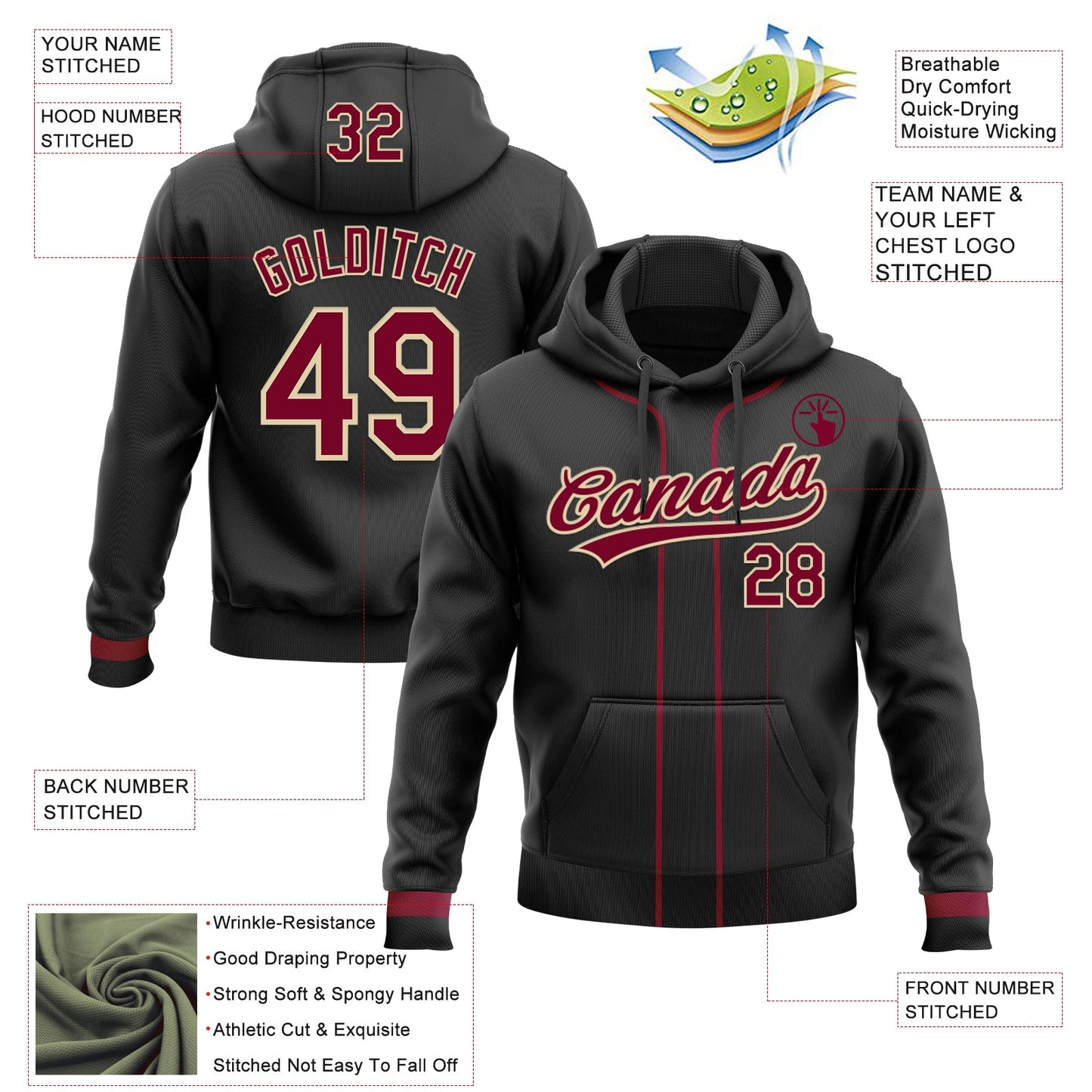 Custom Stitched Black Maroon-Cream Baseball Pullover Sweatshirt Hoodie view 2