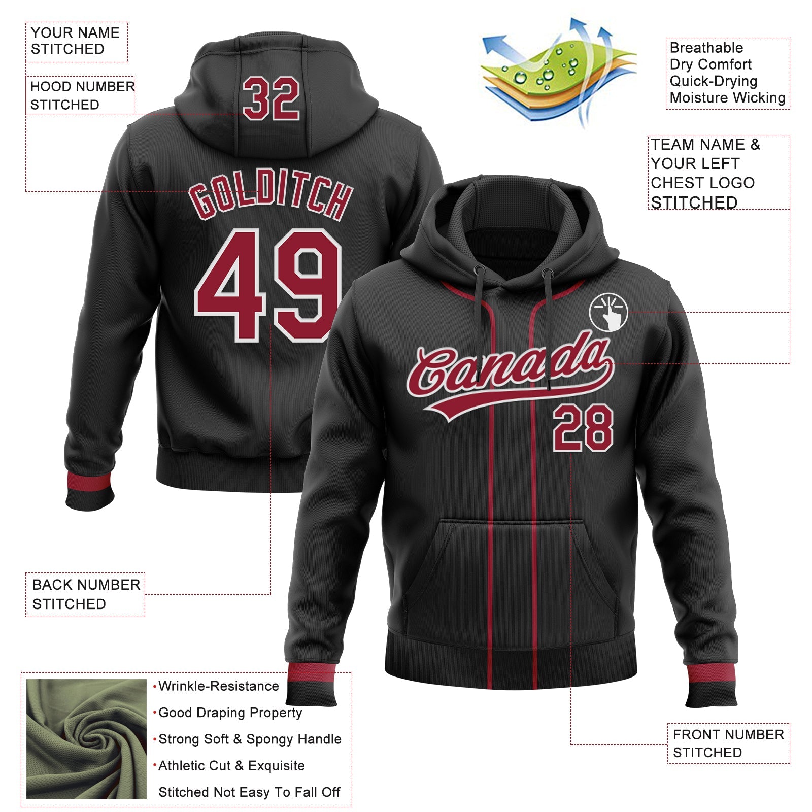 Custom Stitched Black Cardinal-White Baseball Pullover Sweatshirt Hoodie view 2