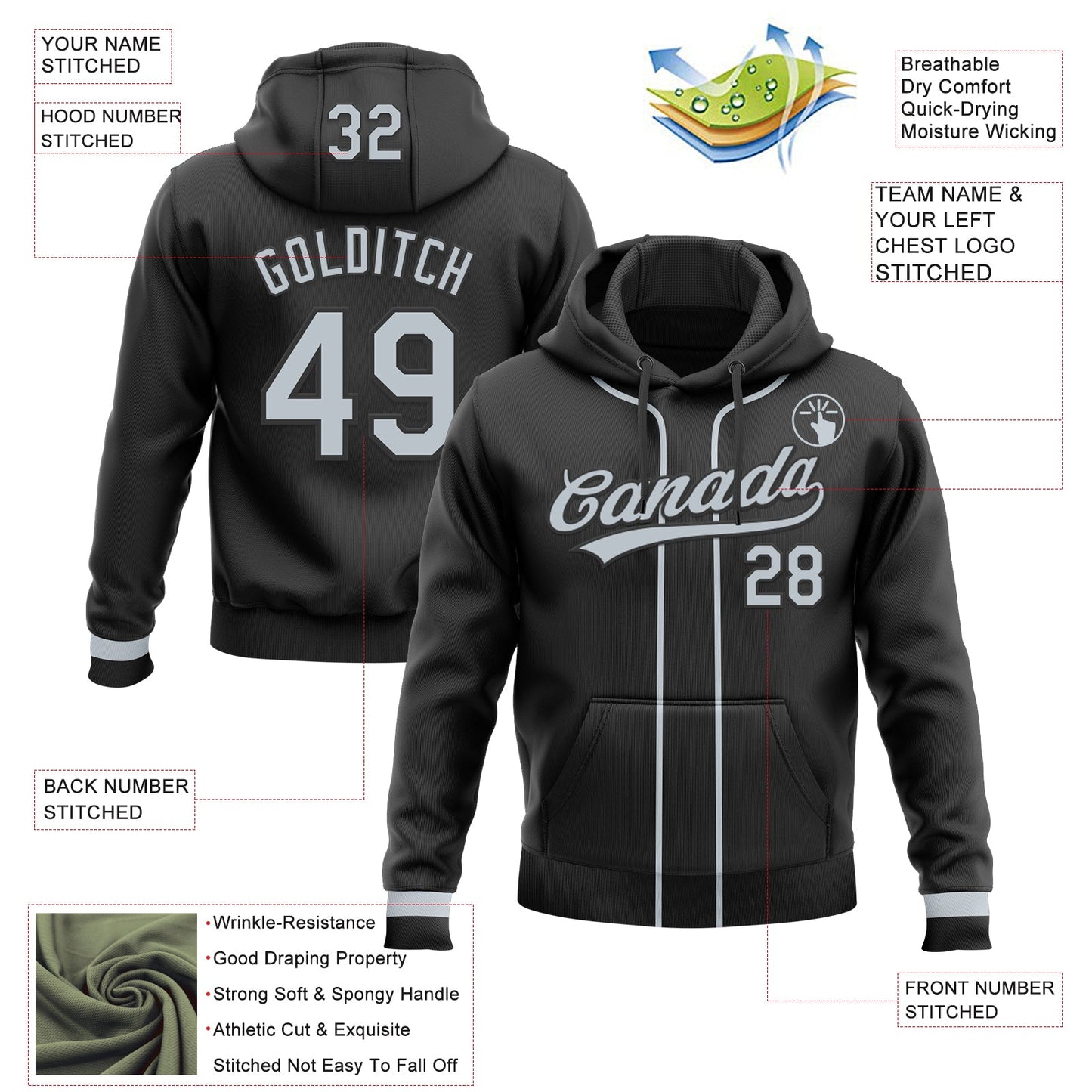 Custom Stitched Black Silver Baseball Pullover Sweatshirt Hoodie view 2