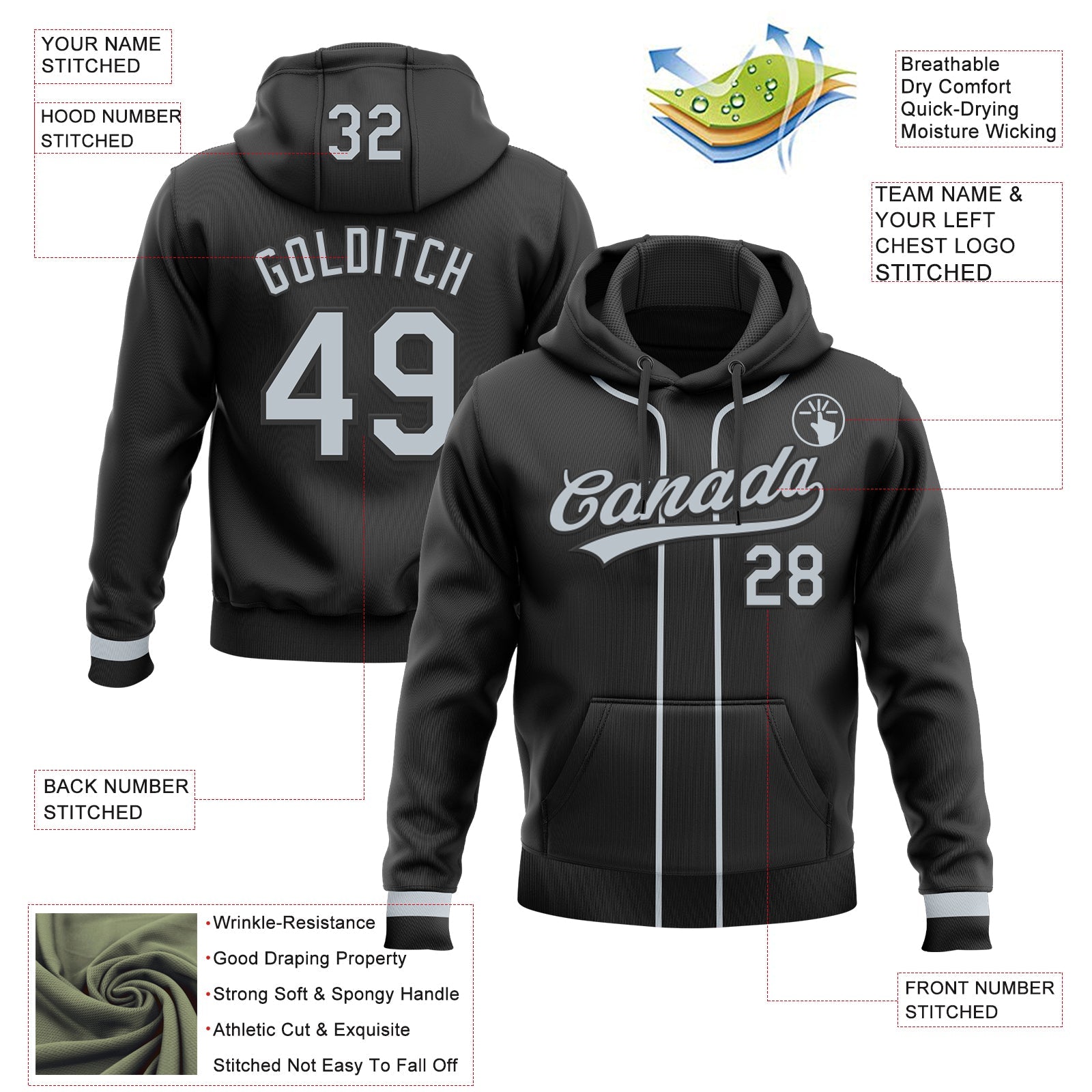 Custom Stitched Black Silver Baseball Pullover Sweatshirt Hoodie view 2
