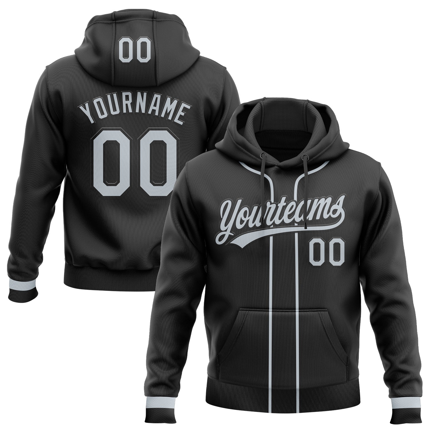Custom Stitched Black Silver Baseball Pullover Sweatshirt Hoodie - Main View