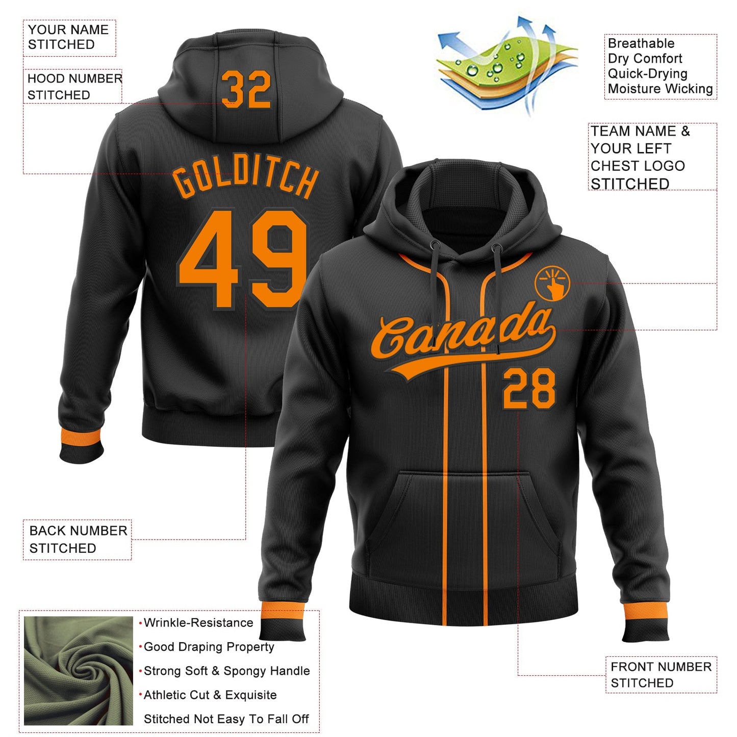 Custom Stitched Black Bay Orange Baseball Pullover Sweatshirt Hoodie view 2