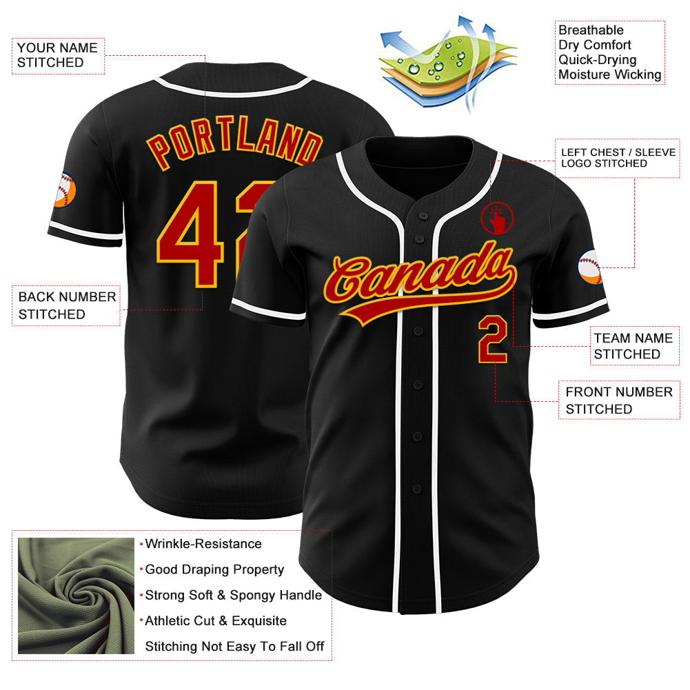 Custom Black Red-Yellow Authentic Baseball Jersey view 3
