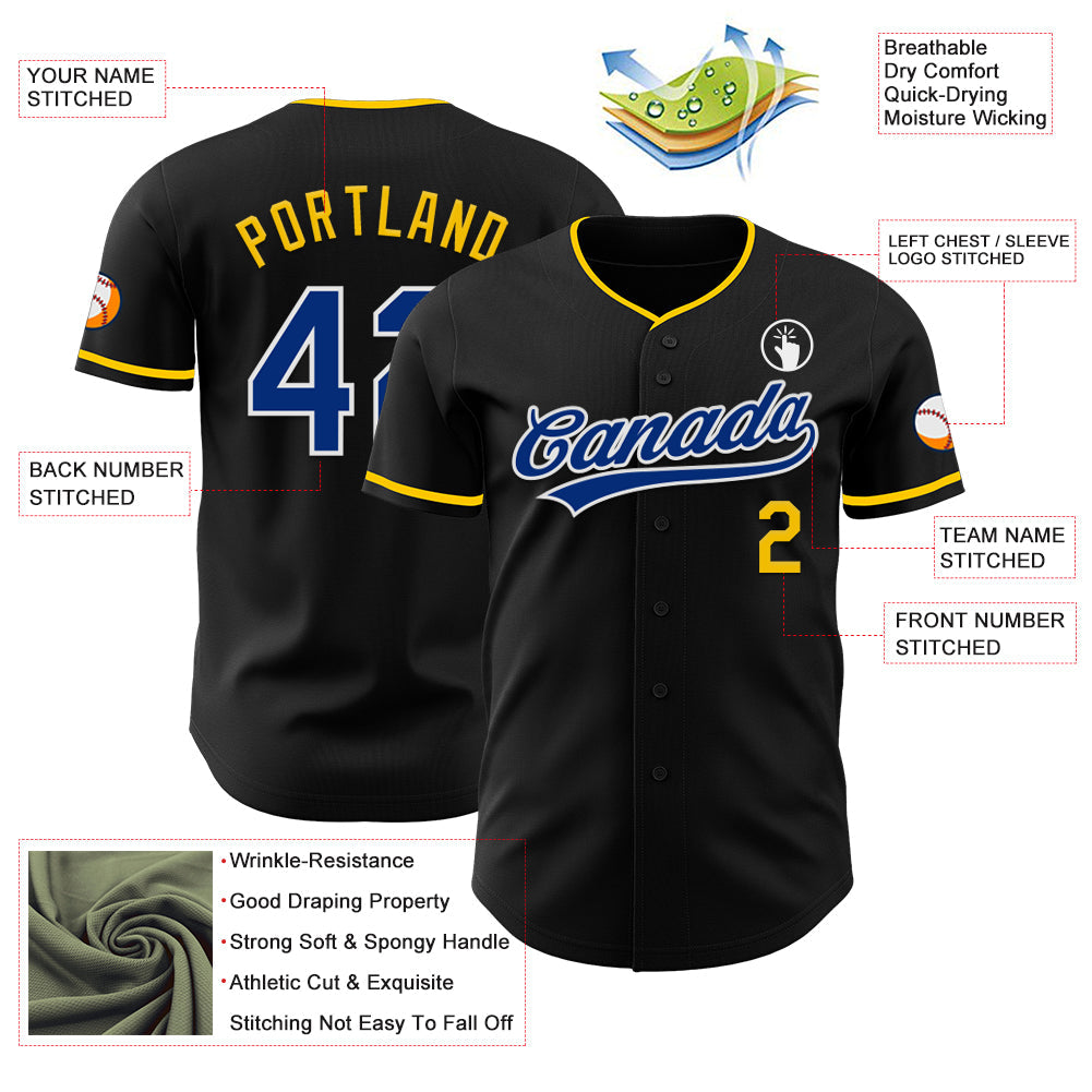 Custom Black Royal Yellow-White Authentic Baseball Jersey view 3