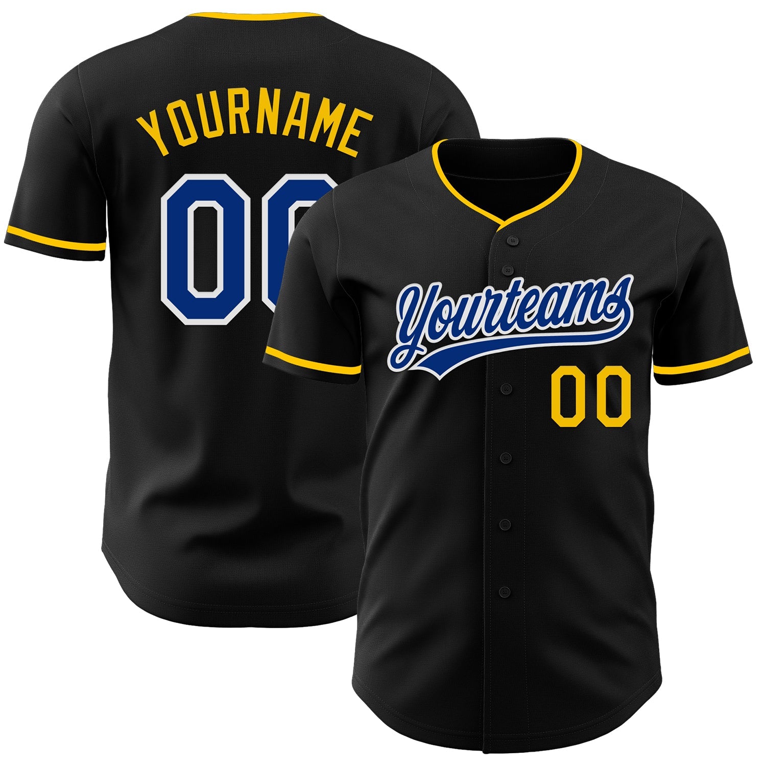 Custom Black Royal Yellow-White Authentic Baseball Jersey - Main View