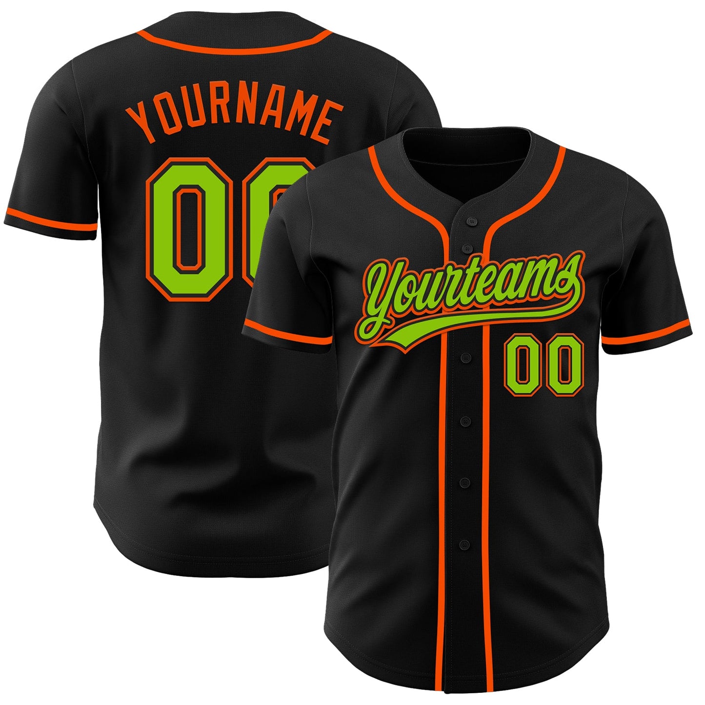Custom Black Neon Green-Orange Authentic Baseball Jersey - Main View