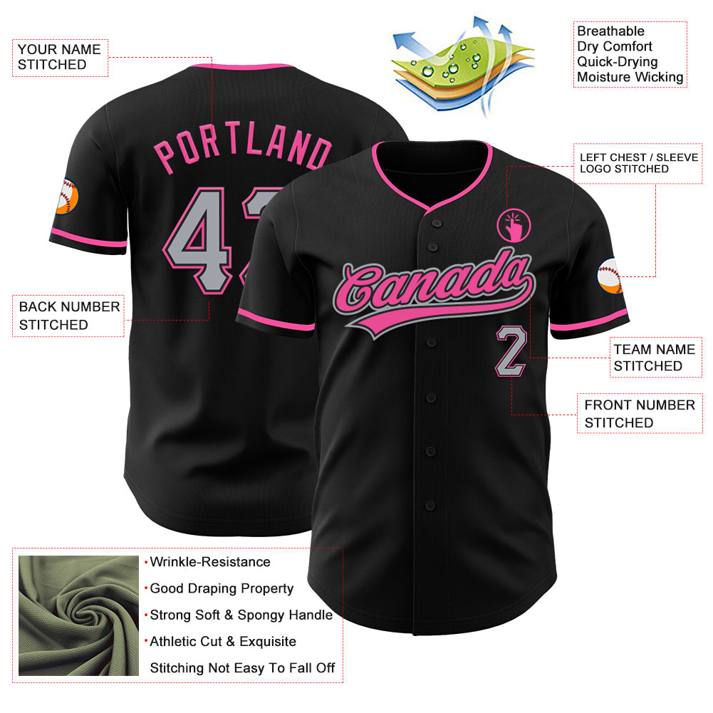 Custom Black Gray-Pink Authentic Baseball Jersey view 3