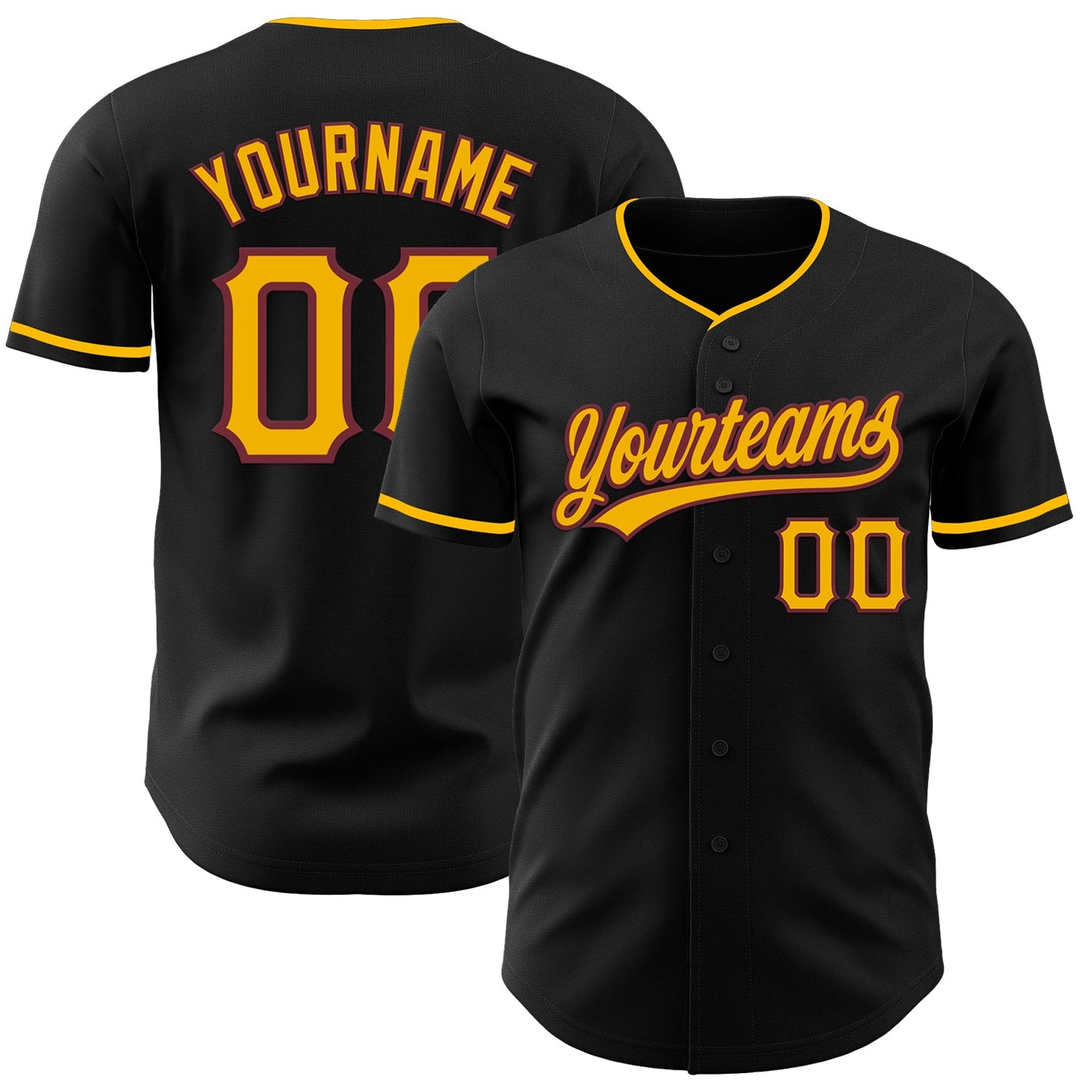 Custom Black Gold-Burgundy Authentic Baseball Jersey - Main View