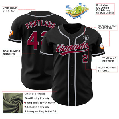 Custom Black Maroon-Gray Authentic Baseball Jersey view 3