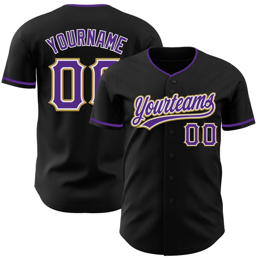 Custom Black Purple White-Old Gold Authentic Baseball Jersey - Main View