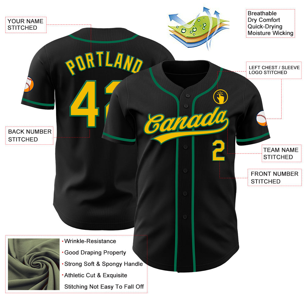 Custom Black Yellow-Kelly Green Authentic Baseball Jersey view 3