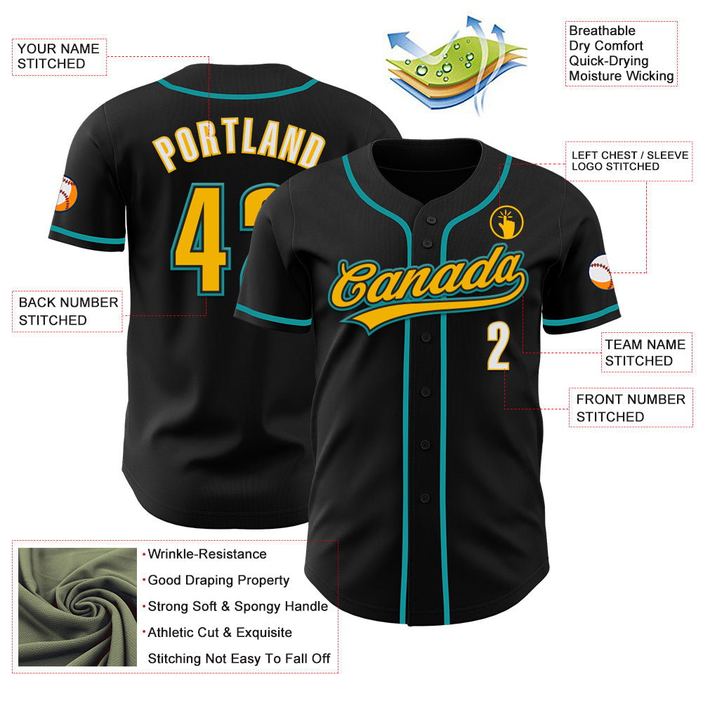 Custom Black Gold Teal-White Authentic Baseball Jersey view 3