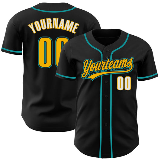 Custom Black Gold Teal-White Authentic Baseball Jersey - Main View