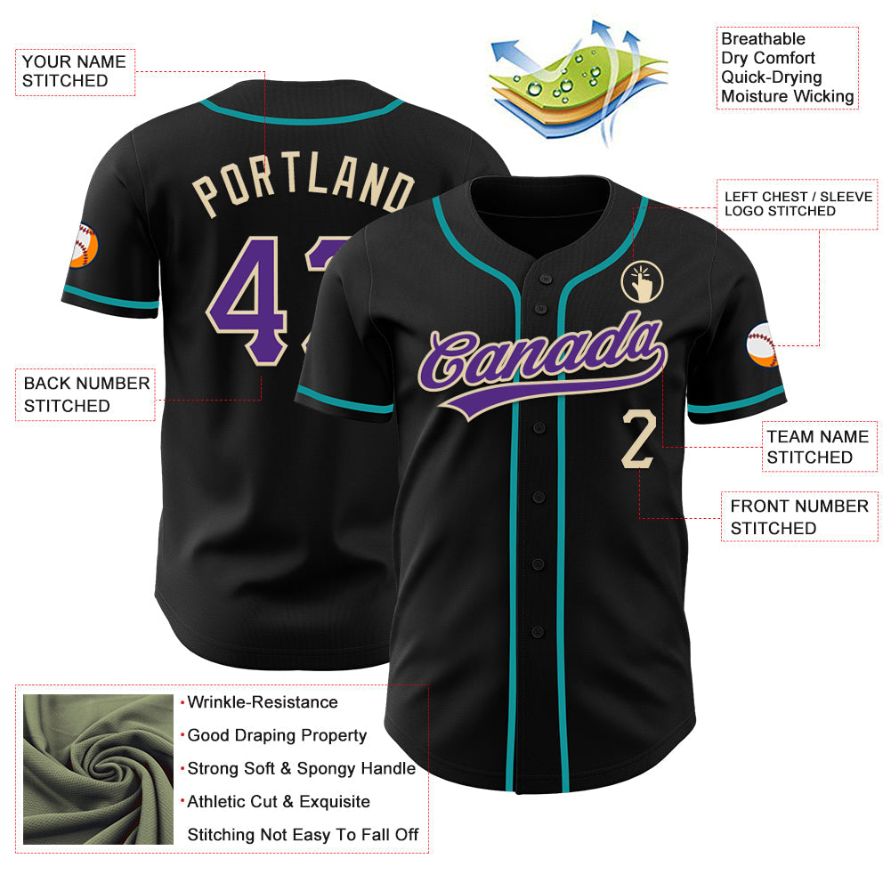 Custom Black Purple Cream-Teal Authentic Baseball Jersey view 3