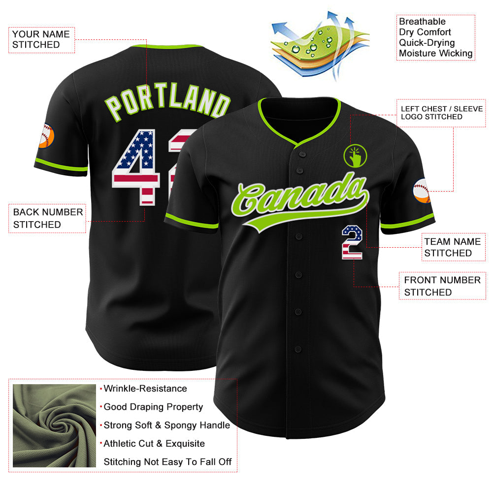 Custom Black USA Flag Neon Green-White Authentic Baseball Jersey view 3