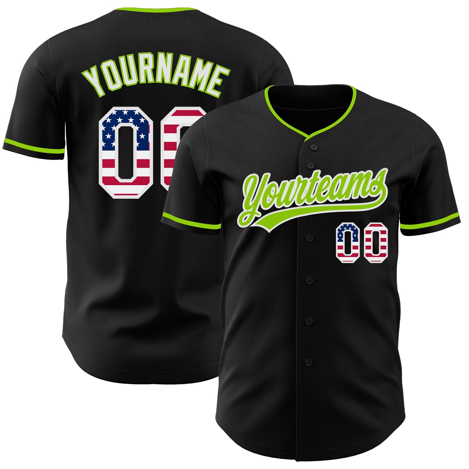 Custom Black USA Flag Neon Green-White Authentic Baseball Jersey - Main View