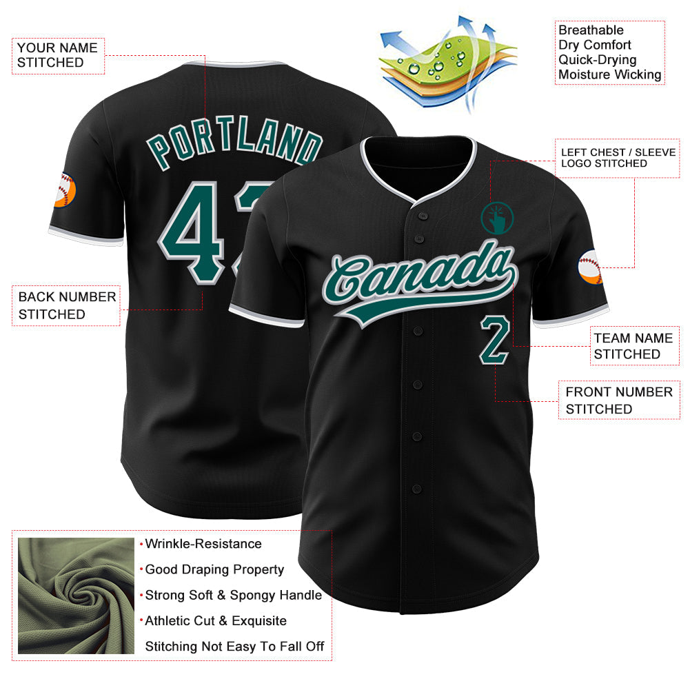 Custom Black Midnight Green Gray-White Authentic Baseball Jersey view 3