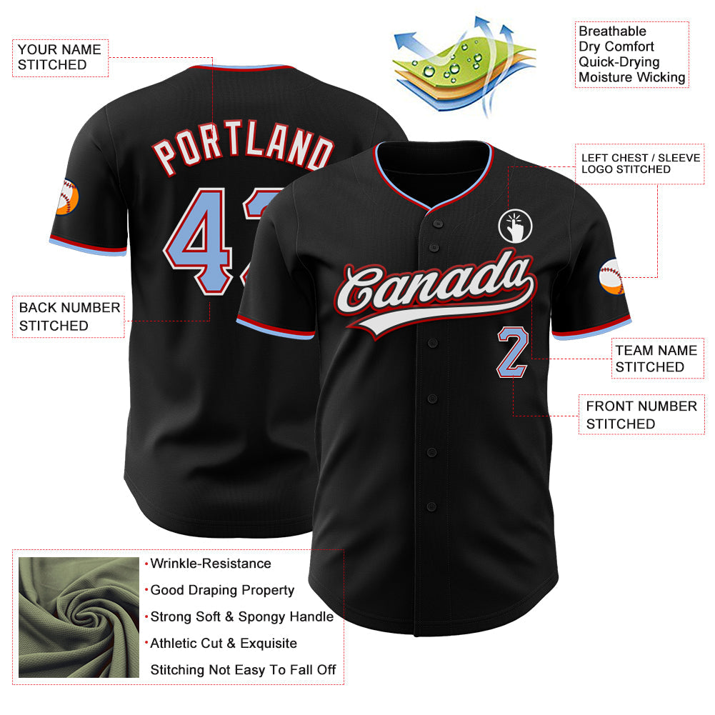 Custom Black Light Blue Red-White Authentic Baseball Jersey view 3