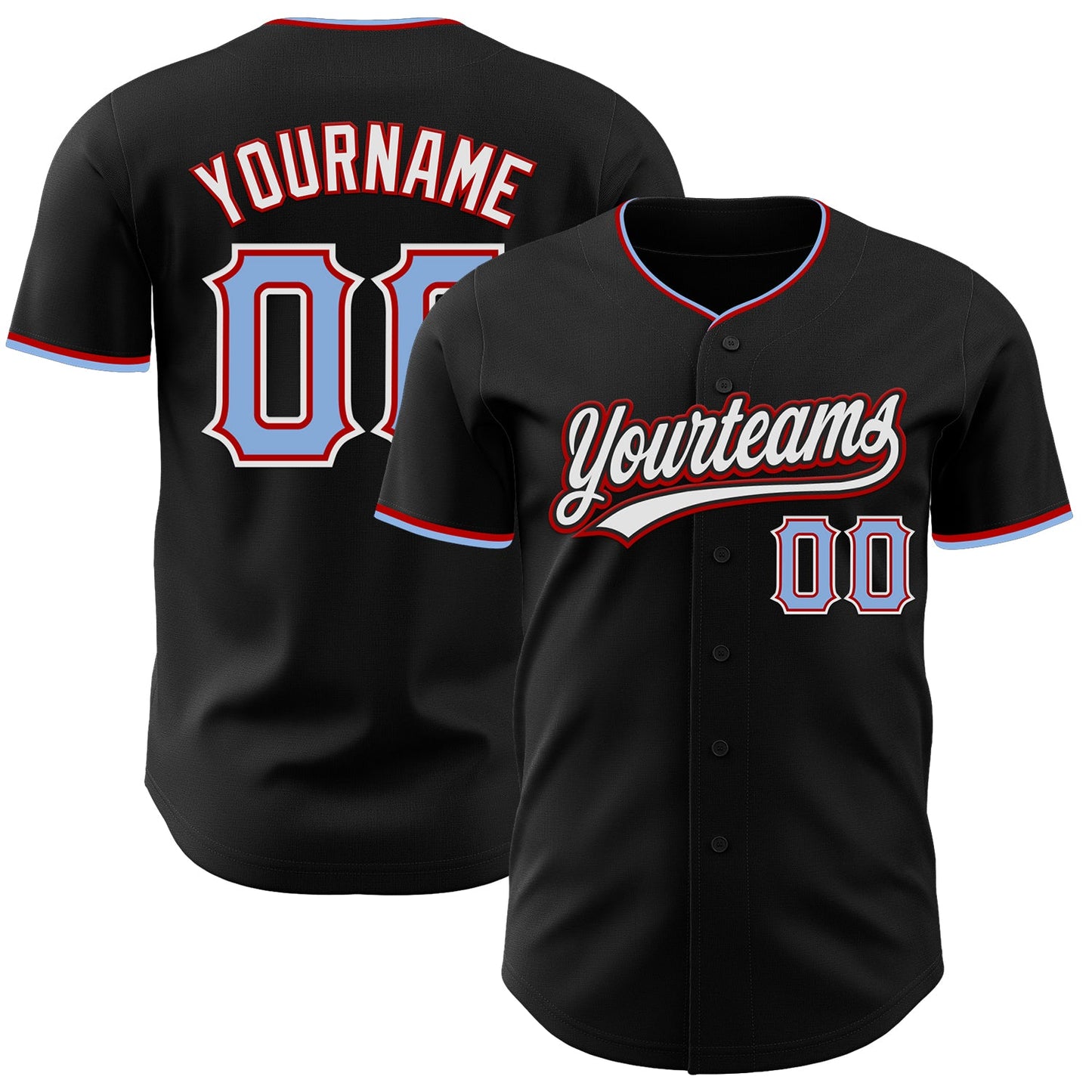 Custom Black Light Blue Red-White Authentic Baseball Jersey - Main View